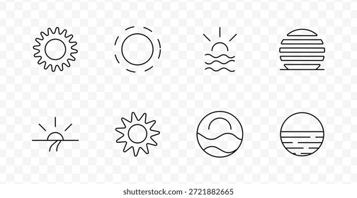 Icono de conjunto de estado de sol y Clima. Los Elementos de engranajes, olas, líneas y horizontes muestran diferentes condiciones solares como el amanecer, la luz del día y el calor en contextos ambientales simbólicos