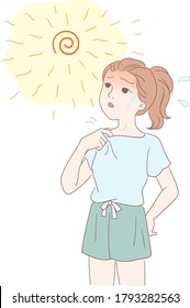 In the sun, the weather is very hot, the girl has been sweating, one hand opened the collar to dissipate heat
