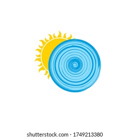 sun and whirlpool sea or ocean water logo, Abstract Spin, summer aqua design. Stock vector illustration isolated on white background.