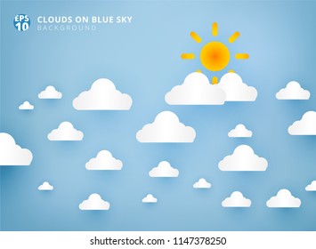 Sun and white clouds on pastel blue sky background design paper art and handicraft with copy space. Vector illustration