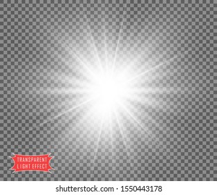 The sun is white on a transparent background with soft rays of the sun or a flash of a star. The vector object is isolated.