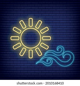 Sol con icono de viento iluminan el estilo neón, el estado del clima conceptual contorno de la ilustración plana vectorial, aislado en negro. Fondo ladrillo, cosas de etiqueta climática web.