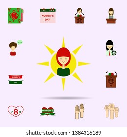 Sun, woman color icon. Universal set of 8 march for website design and development, app development