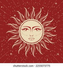 Sun with woman face, astrology, divination and magic, the device of the universe, esoteric horoscope sun, vector