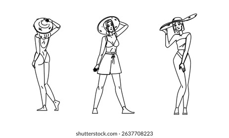 sun woman straw hat vector. style chic, boho trendy, casual accessory sun woman straw hat character. people black line pencil drawing illustration