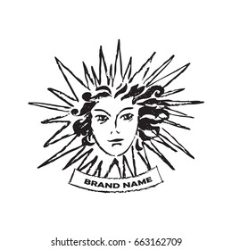 The sun with a woman's face. Vector hand drawn illustration with the space for your brand name. Pastel texture.