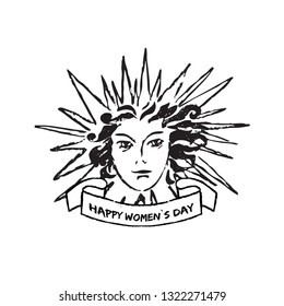 The sun with a women's face. Vector hand drawn illustration for congratulations. Women`s day theme. Real pastel texture.