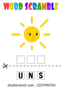 Sun  Word scramble . Educational game for kids. English language spelling worksheet for preschool children