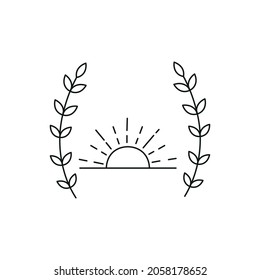 Sun und wreath.Line-Stil. Einzeln auf weißem Hintergrund.