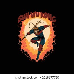 Ilustración de Sun Wukong con fuego de humo sobre fondo negro