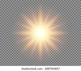 Sun, yellow. A bright star, a flash with transparent rays. light from the included flashlight . Vector overlay element, isolated background.