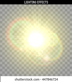 Sun yellow glare light effect. Object realistic isolated with transparent. Vector illustration.