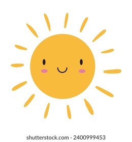 Sun. Yellow icon and smile face on white background. Vector illustration.