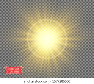 The sun is yellow on a transparent background with soft rays of the sun or a flash of a star. The vector object is isolated.
