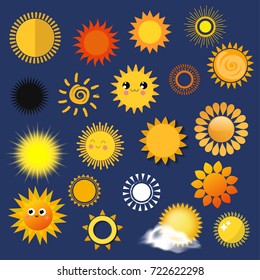 Sun yellow planets different style weather vector illustration season sunny symbol icons collection