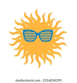 The sun is yellow with rays in blue trendy glasses on a white background. Galactic star. Cheerful cute print for throw pillows, summer holiday clothes. Vector.