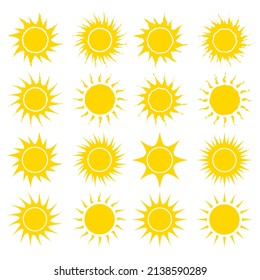 Kollektion von Sun-Gelb-Symbolen. Vektorgrafik einzeln auf weißem Hintergrund