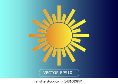 Sun yellow vector icon. Sun logo on blue background. Sunburst isolated flat illustration. Sun silhouette for weather, summer, spring, autumn. Burst flat solar sunlight element object vector symbol