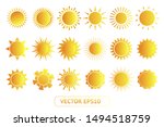 Sun yellow vector icon set sol on white background. Isolated flat sunlight illustration collection element for logo, weather, summer, spring, autumn. Burst symbol template