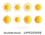 Sun yellow vector icon set sol on white background. Isolated flat sunlight illustration collection element for logo, weather, summer, spring, autumn. Burst symbol template