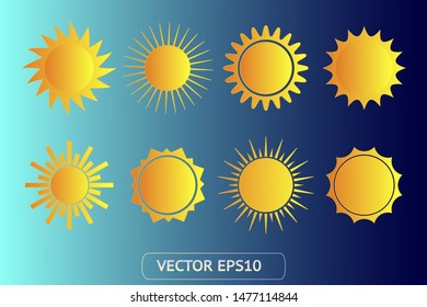 Sun yellow vector icon set. Sun logo on blue background. Sunburst isolated flat illustration. Sun silhouette for weather, summer, spring, autumn. Burst flat solar sunlight element object vector symbol