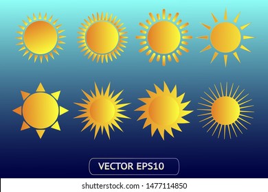 Sun yellow vector icon set. Sun logo on blue background. Sunburst isolated flat illustration. Sun silhouette for weather, summer, spring, autumn. Burst flat solar sunlight element object vector symbol