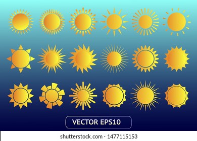 Sun yellow vector icon set. Sun logo on blue background. Sunburst isolated flat illustration. Sun silhouette for weather, summer, spring, autumn. Burst flat solar sunlight element object vector symbol