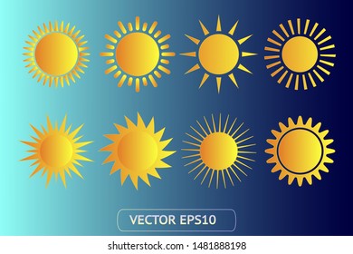 Sun yellow vector icon set. Sun logo on blue background. Sunburst isolated flat illustration. Sun silhouette for weather, summer, spring, autumn. Burst flat solar sunlight element object vector symbol