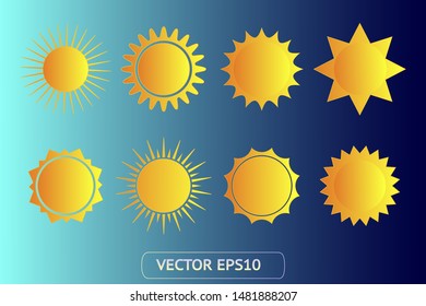 Sun yellow vector icon set. Sun logo on blue background. Sunburst isolated flat illustration. Sun silhouette for weather, summer, spring, autumn. Burst flat solar sunlight element object vector symbol