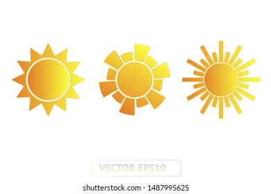 Sun yellow vector icon set sol on white background. Isolated flat sunlight illustration collection element for logo, weather, summer, spring, autumn. Burst symbol template