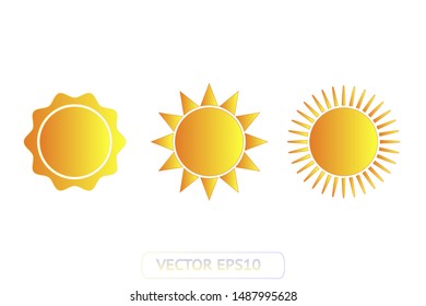 Sun yellow vector icon set sol on white background. Isolated flat sunlight illustration collection element for logo, weather, summer, spring, autumn. Burst symbol template