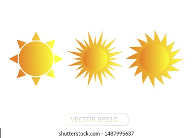 Sun yellow vector icon set sol on white background. Isolated flat sunlight illustration collection element for logo, weather, summer, spring, autumn. Burst symbol template