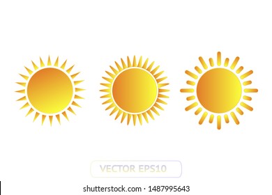 Sun yellow vector icon set sol on white background. Isolated flat sunlight illustration collection element for logo, weather, summer, spring, autumn. Burst symbol template