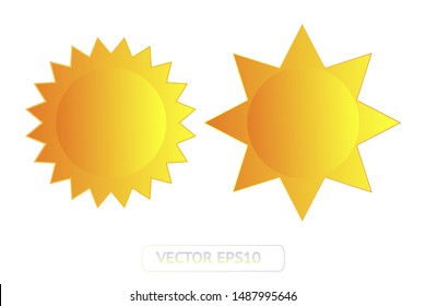 Sun yellow vector icon set sol on white background. Isolated flat sunlight illustration collection element for logo, weather, summer, spring, autumn. Burst symbol template