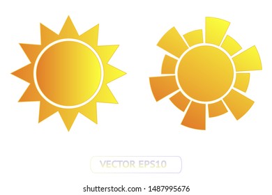 Sun yellow vector icon set sol on white background. Isolated flat sunlight illustration collection element for logo, weather, summer, spring, autumn. Burst symbol template