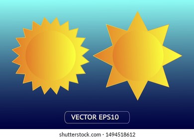 Sun yellow vector icon set sol on background. Isolated flat sunlight illustration collection element for logo, weather, summer, spring, autumn. Burst symbol template