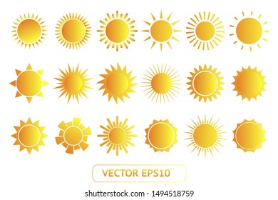 Sun yellow vector icon set sol on white background. Isolated flat sunlight illustration collection element for logo, weather, summer, spring, autumn. Burst symbol template