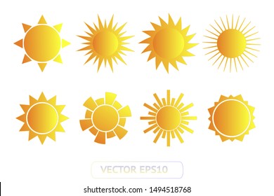 Sun yellow vector icon set sol on white background. Isolated flat sunlight illustration collection element for logo, weather, summer, spring, autumn. Burst symbol template