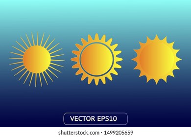 Sun yellow vector icon set sol on blue background. Isolated flat sunlight illustration collection element for logo, weather, summer, spring, autumn. Burst symbol template