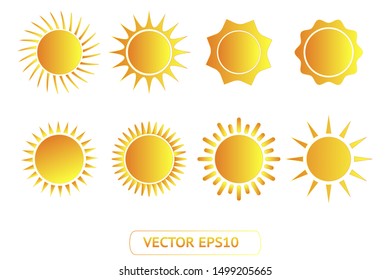 Sun yellow vector icon set sol on white background. Isolated flat sunlight illustration collection element for logo, weather, summer, spring, autumn. Burst symbol template