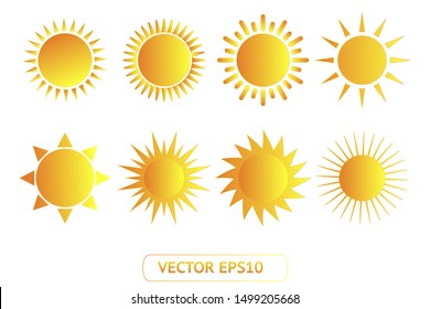 Sun yellow vector icon set sol on white background. Isolated flat sunlight illustration collection element for logo, weather, summer, spring, autumn. Burst symbol template