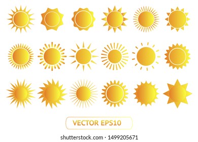 Sun yellow vector icon set sol on white background. Isolated flat sunlight illustration collection element for logo, weather, summer, spring, autumn. Burst symbol template