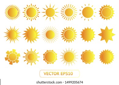 Sun yellow vector icon set sol on white background. Isolated flat sunlight illustration collection element for logo, weather, summer, spring, autumn. Burst symbol template