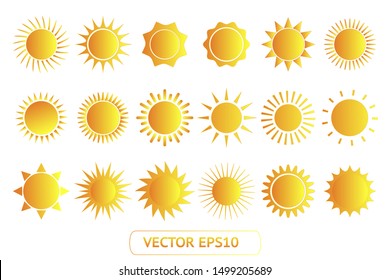 Sun yellow vector icon set sol on white background. Isolated flat sunlight illustration collection element for logo, weather, summer, spring, autumn. Burst symbol template