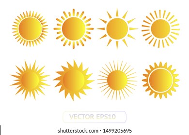 Sun yellow vector icon set sol on white background. Isolated flat sunlight illustration collection element for logo, weather, summer, spring, autumn. Burst symbol template