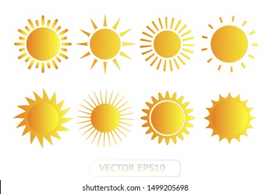 Sun yellow vector icon set sol on white background. Isolated flat sunlight illustration collection element for logo, weather, summer, spring, autumn. Burst symbol template