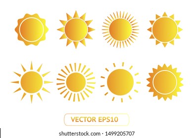 Sun yellow vector icon set sol on white background. Isolated flat sunlight illustration collection element for logo, weather, summer, spring, autumn. Burst symbol template