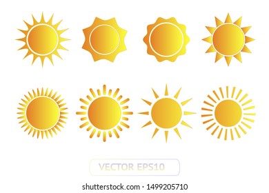 Sun yellow vector icon set sol on white background. Isolated flat sunlight illustration collection element for logo, weather, summer, spring, autumn. Burst symbol template