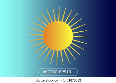 Sun yellow vector icon sol on blue background. Isolated flat sunlight illustration element for logo, weather, summer, spring, autumn. Burst symbol 