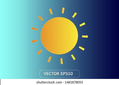 Sun yellow vector icon sol on blue background. Isolated flat sunlight illustration element for logo, weather, summer, spring, autumn. Burst symbol 